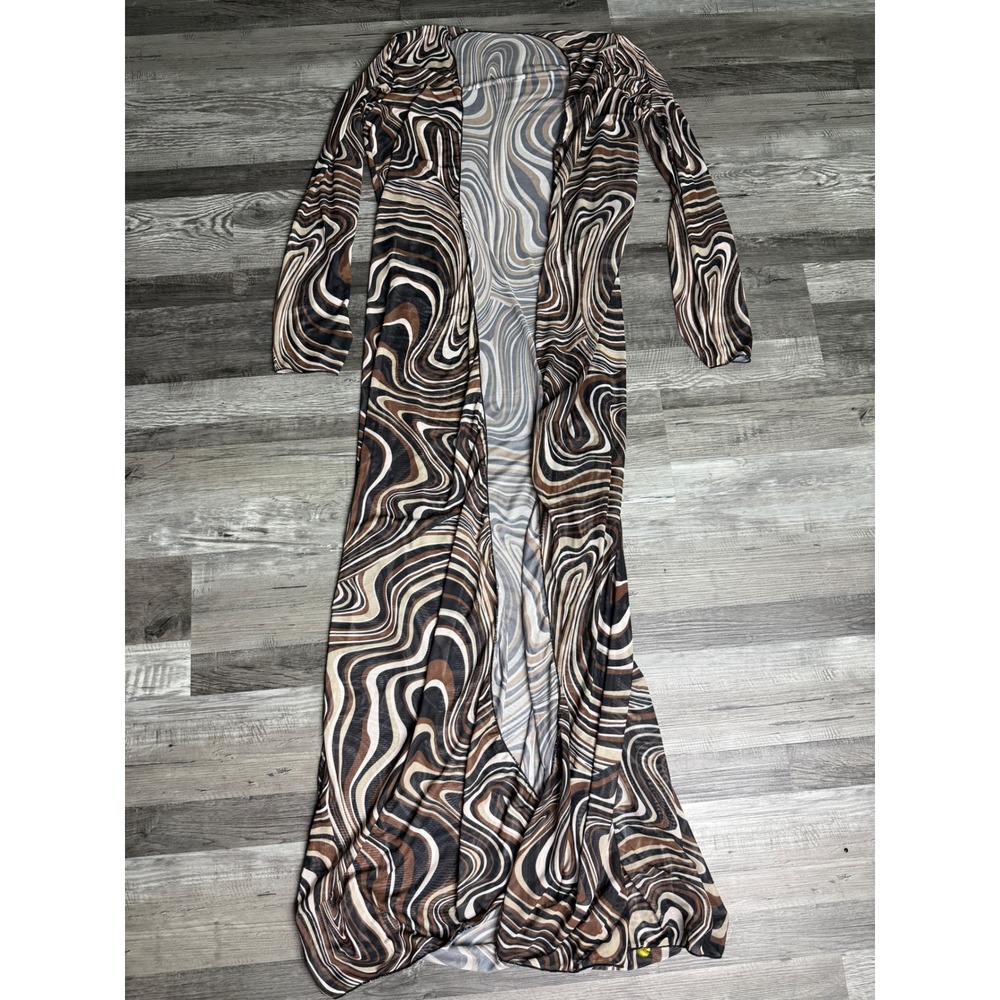 Brown Psychedelic Swirl Mesh Maxi Duster Cardigan Sheer Open Front Cover Up